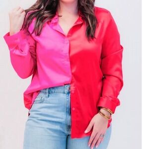 Jess Lea Colorblock On Trend Button Up Top Red Fuchsia Pink 2X Blouse NEW